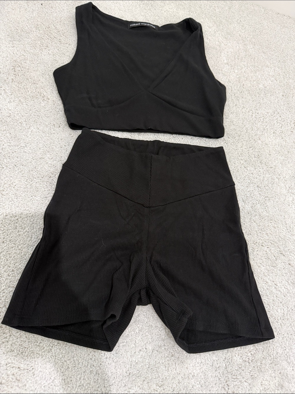 Two piece set 
Black Ribbed High-Waist Bike Shorts size small & top size medium